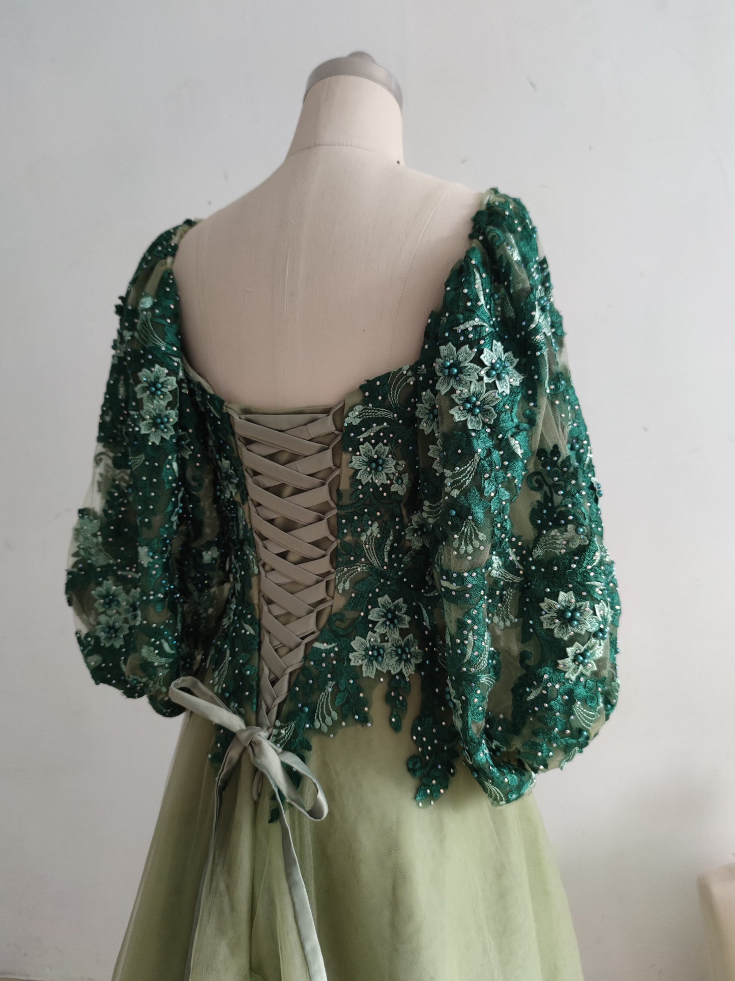 Beaded Green Lace Tulle Fairytale Wedding Dress