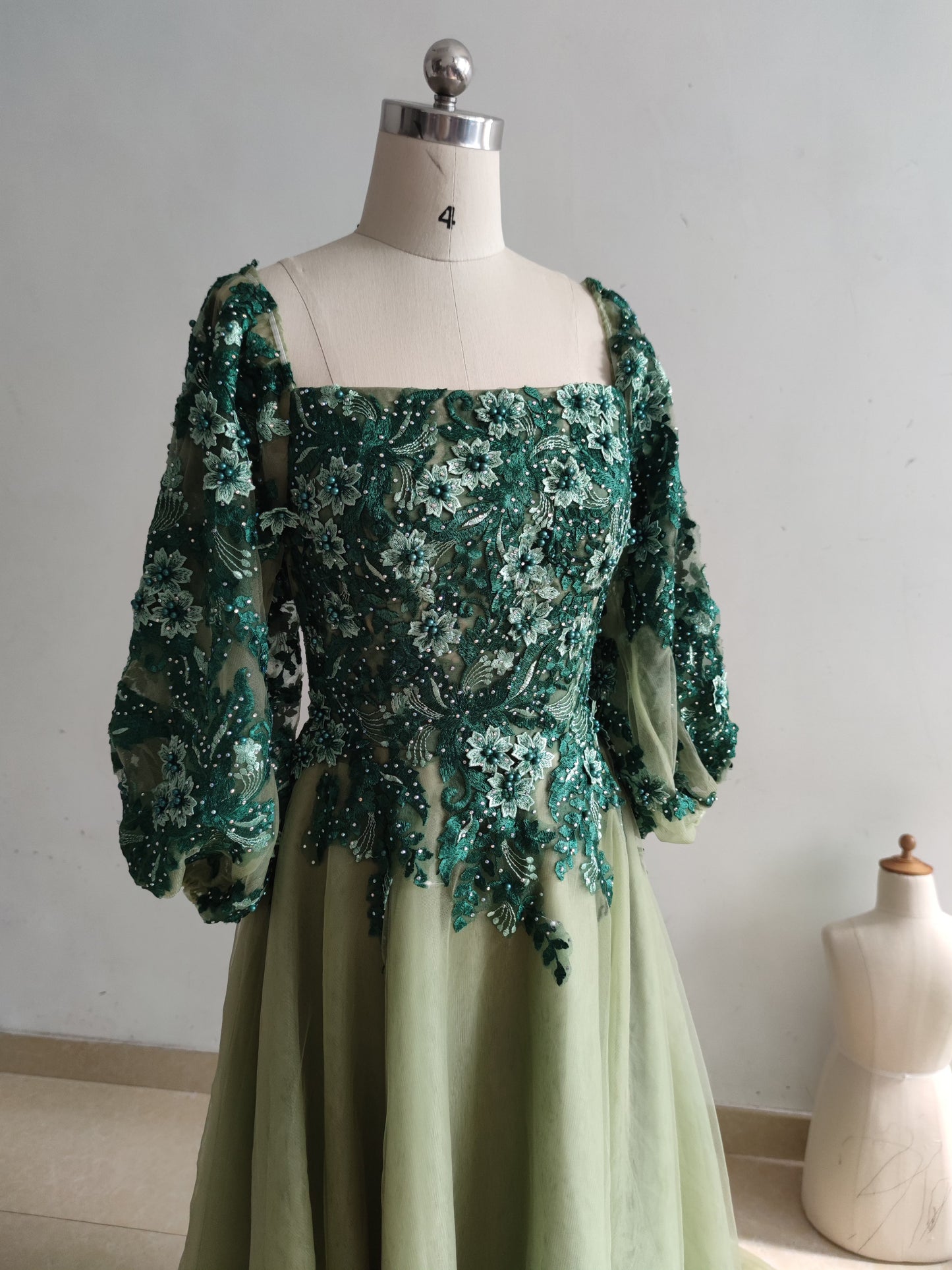 Beaded Green Lace Tulle Fairytale Wedding Dress