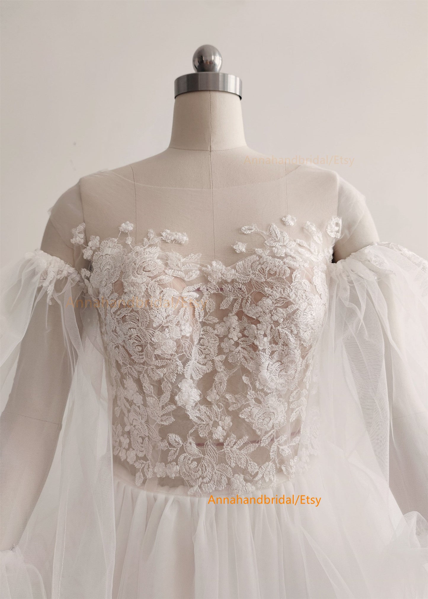 Ivory Lace Tulle V Back Wedding Dress