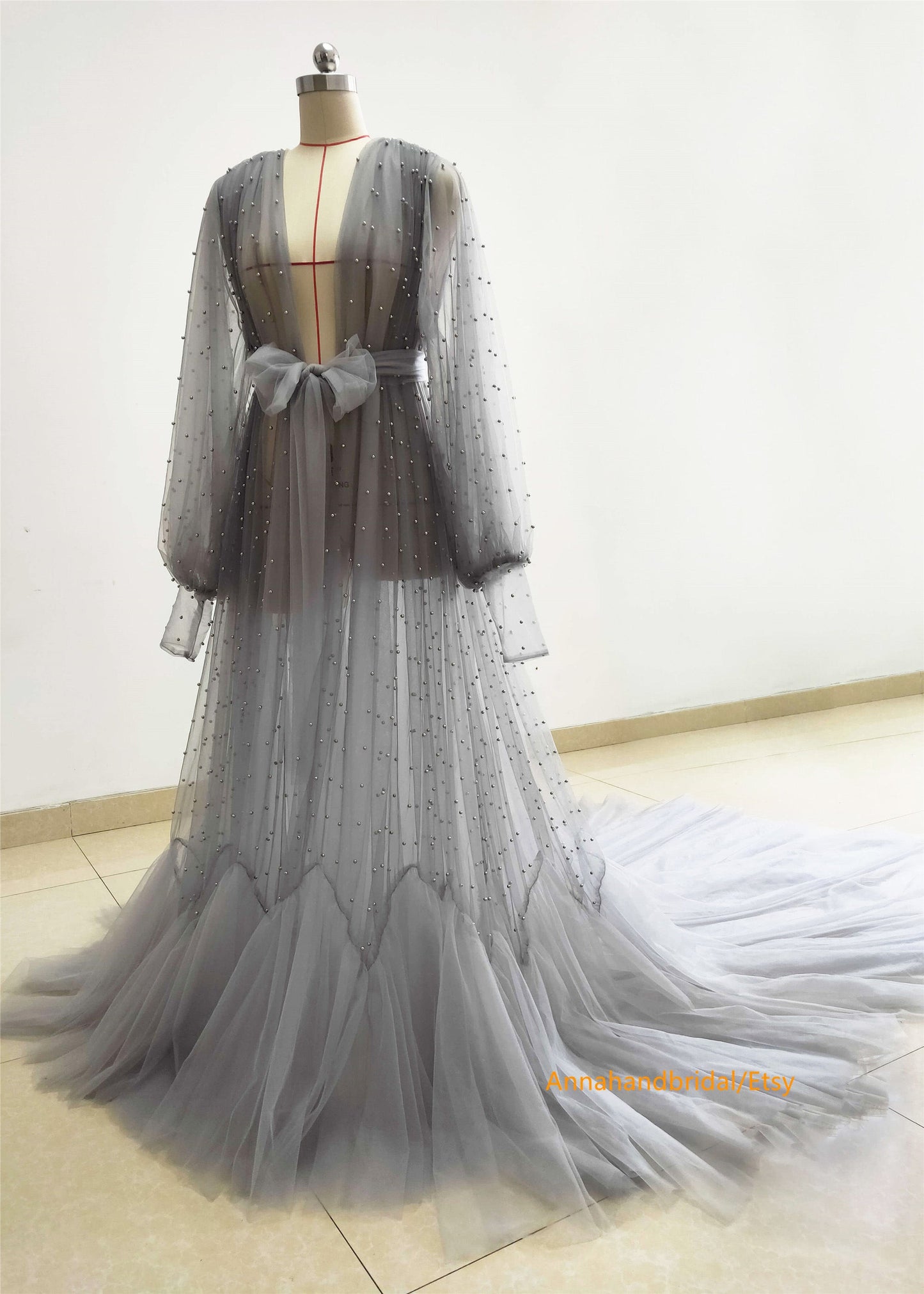 Gray Pearls Tulle Maternity Dress