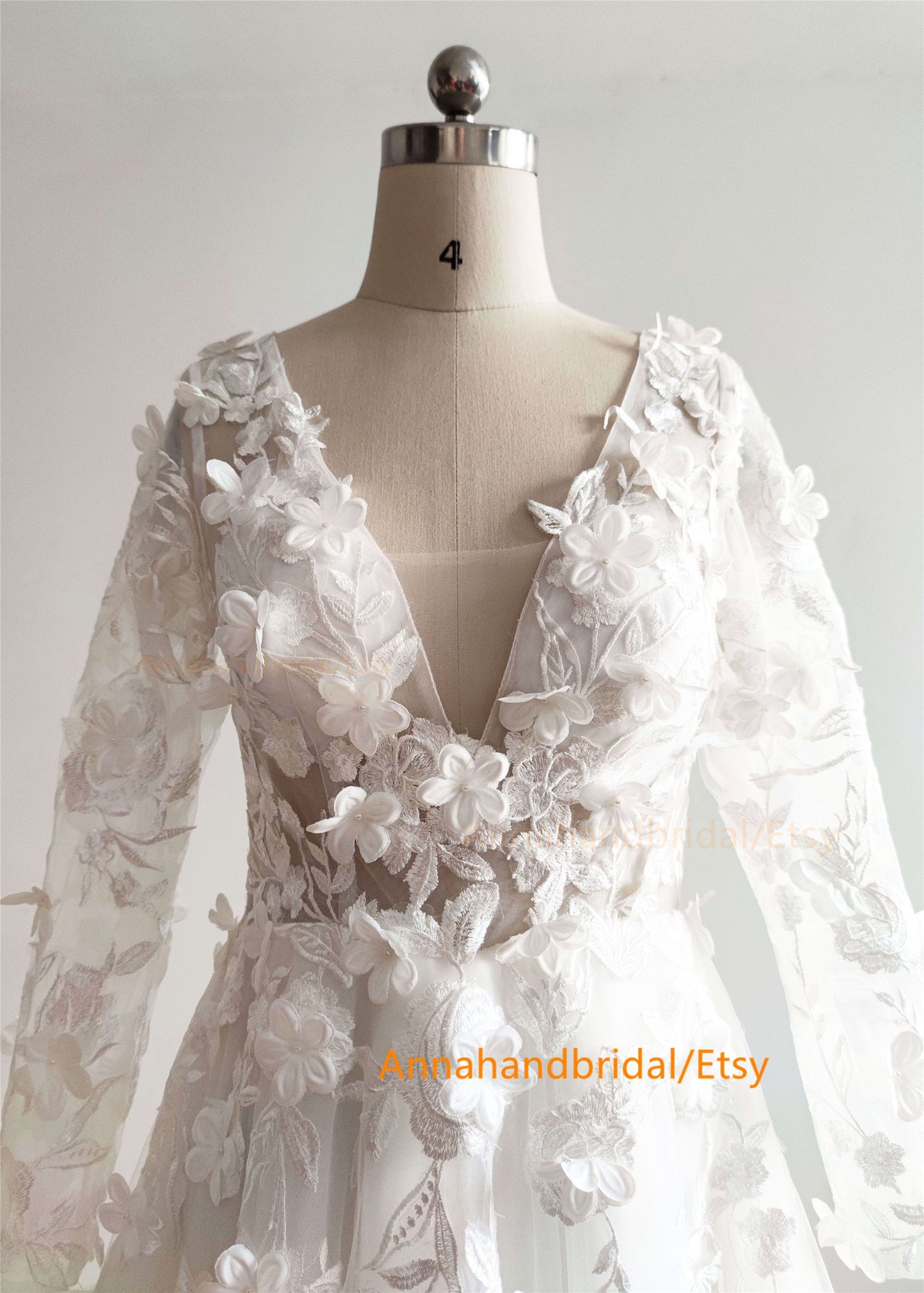 3D Flowers White Lace Wedding Dress